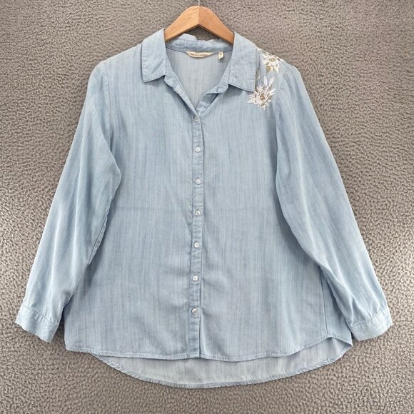 Soft Surroundings Shirt Blue Button Up Long Sleeve Embroidered Floral Collared - Picture 1 of 9